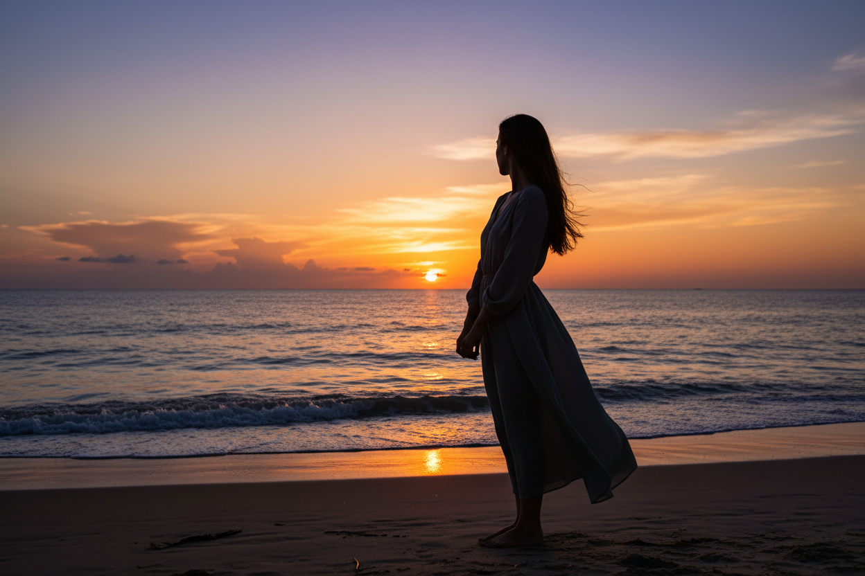 woman looking out a beach during a sunset